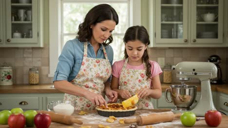 A Heartwarming Baking Moment: A Mother and Daughter Bonding Over Homemade Apple Pie Preparation in a Cozy Kitchen Filled with Delightful Ingredients