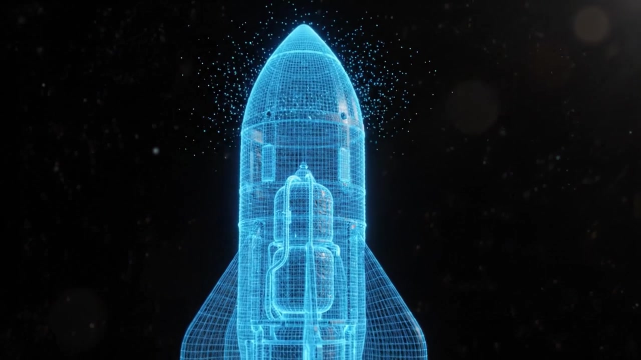 Detailed 3D hologram representation of a futuristic rocket design showcasing intricate components and a sleek aerodynamic shape against a dark background.