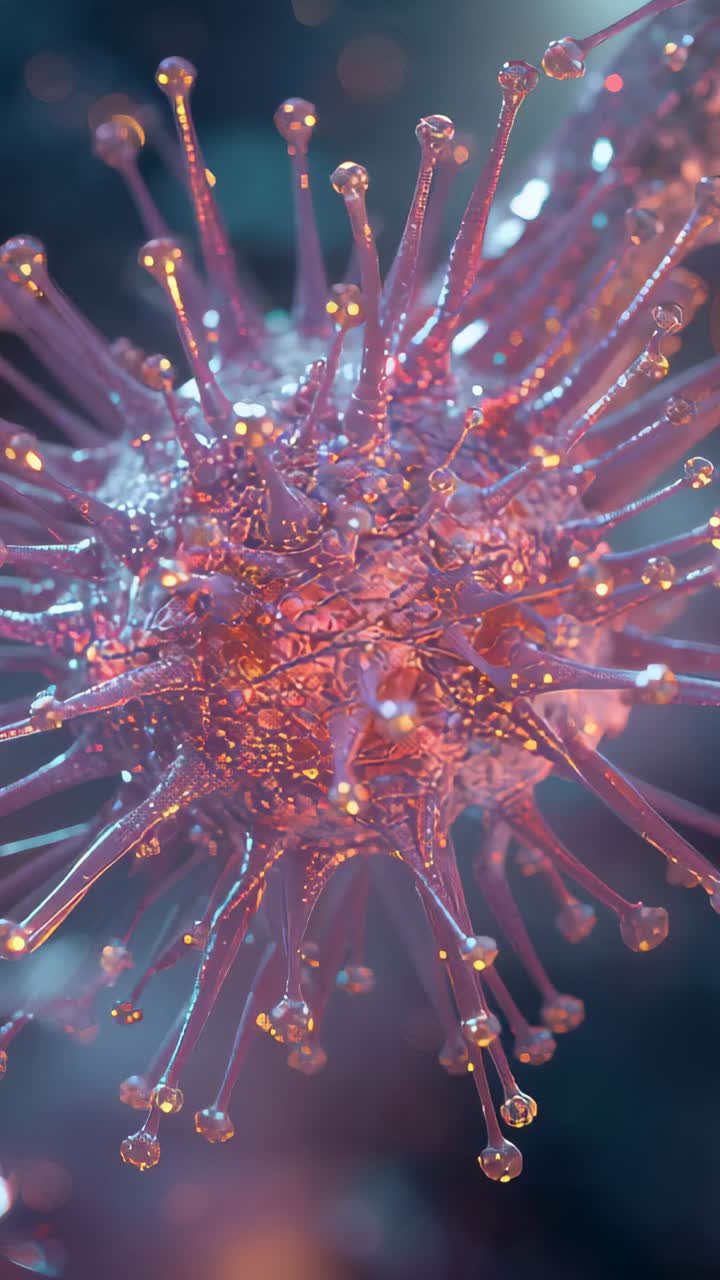 Vertical video: Camera rotating viral particle revealing surface detail, droplet tips in 3D render