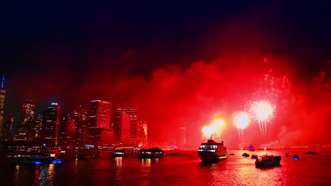 spectacular celebration of a holiday with fireworks in new york, usa. view on the show from the riverscape