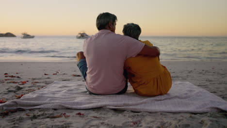 back, sunset and senior couple with hug