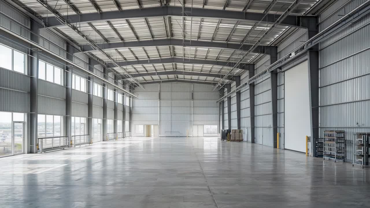 Showing daylight streaming through left windows, empty warehouse reflecting on polished floor