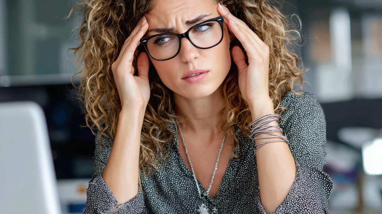 A Frustrated Woman with Curly Hair and Glasses Struggles with Stress at Work, Showing Signs of Exhaustion and Mental Fatigue While Facing Her Computer Screen