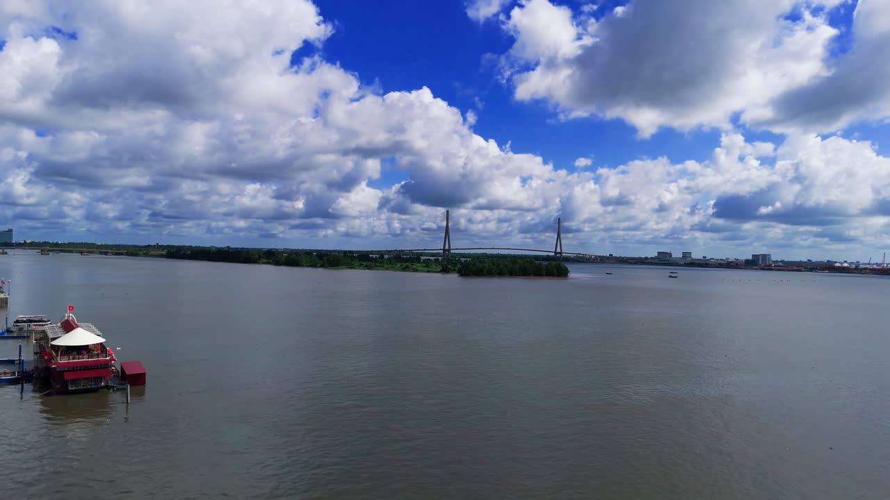 Aerial View Jib of the River and the Bridge in Can Tho.