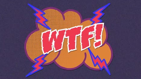 animation of wtf text over flashes and orange speech bubble on purple background