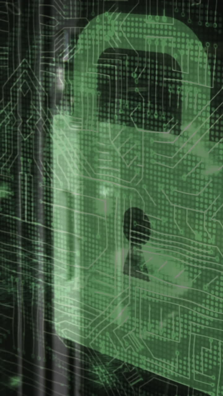 animación del símbolo del candado, a través de la placa base, hombre usando portátil en la sala de servidores y procesamiento de datos