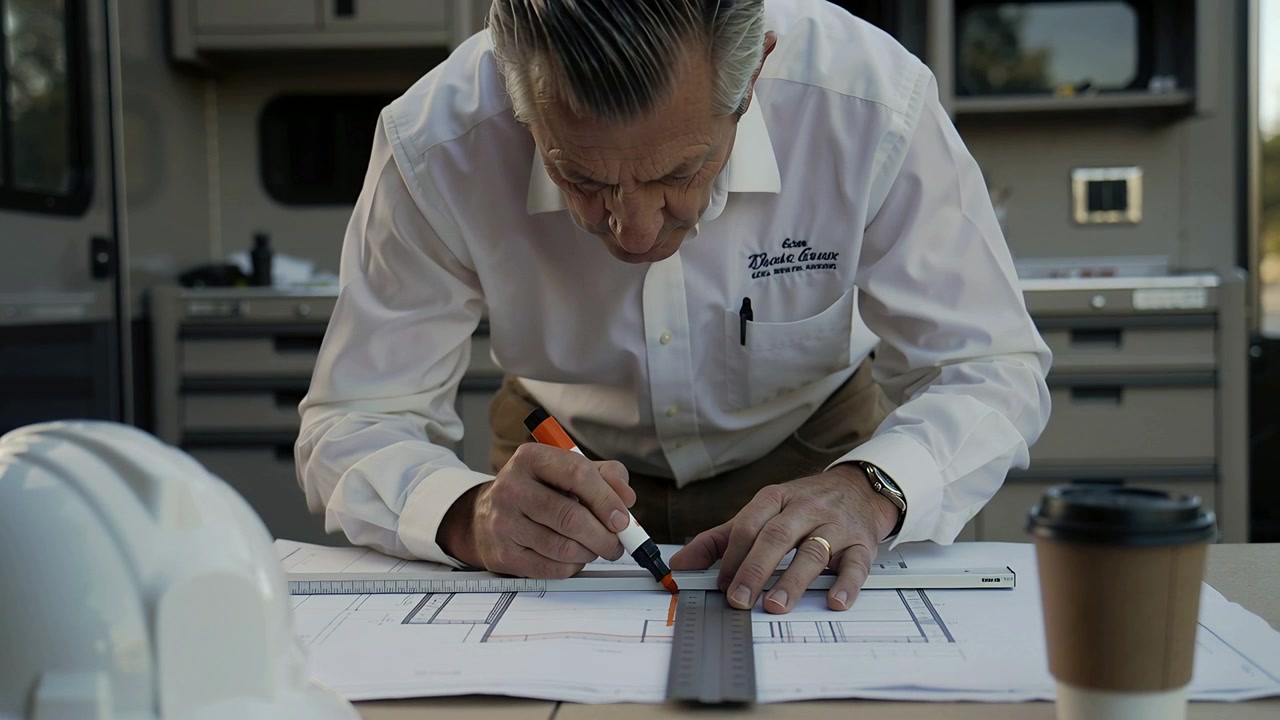Aligning ruler, senior wearing white shirt marking plan with orange marker for site review