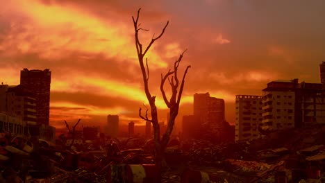 deserted demolished city buildings, after war, sunset time