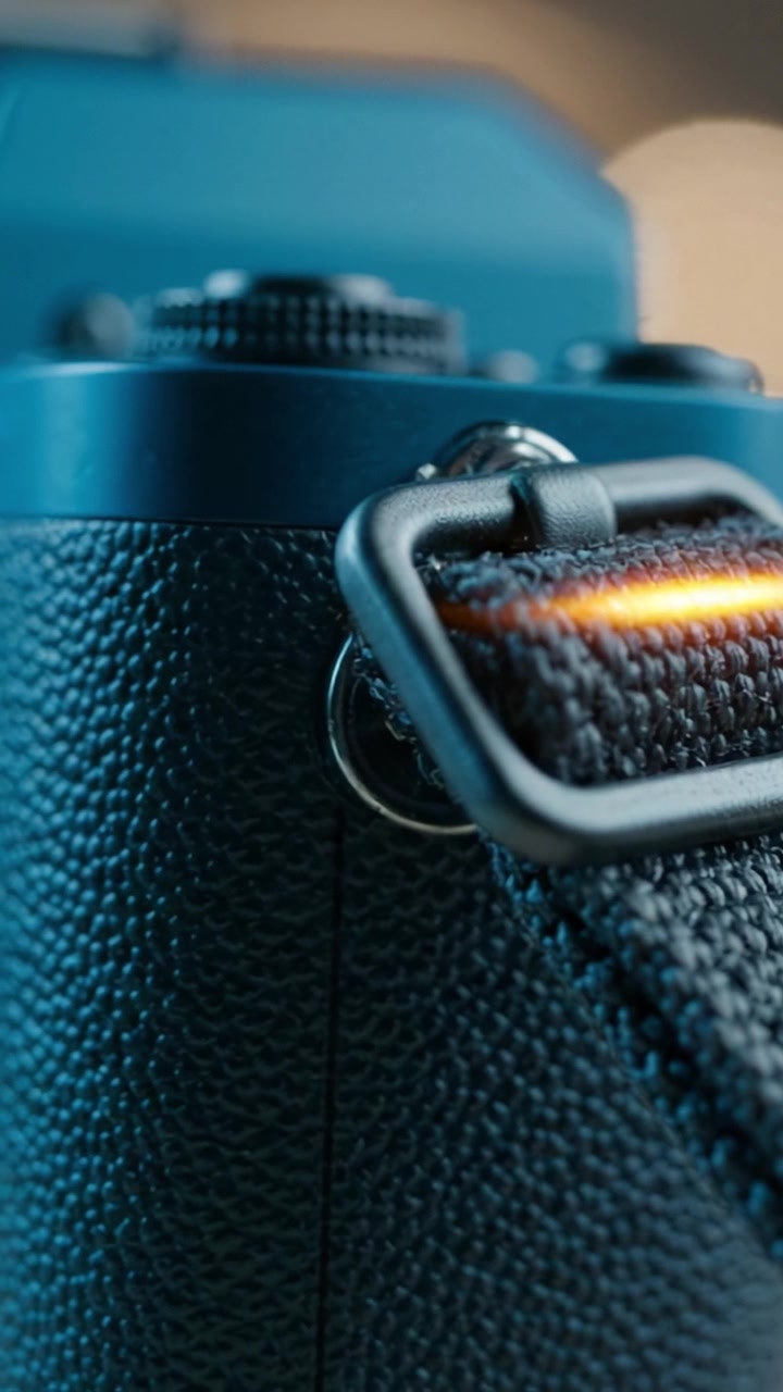 Primo piano fotografico di un dettaglio della fotocamera: texture del cinturino e del corpo con effetti di sfondo bokeh che evidenziano un focus sul design moderno della fotocamera in due inquadrature.