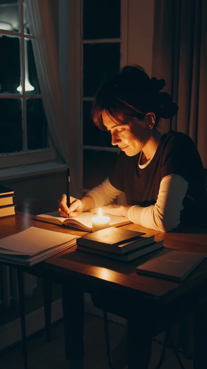 Woman studying by candlelight at night
