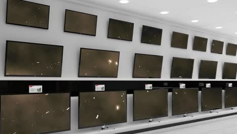 animación de filas de aparatos de televisión en la tienda con pantallas brillantes con espacio de copia