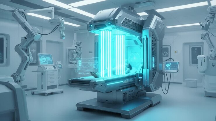 Futuristic Medical Facility Featuring Advanced Healing Chamber for Patient Care with High-Tech Medical Equipment and Robotic Assistance in a Clean Environment