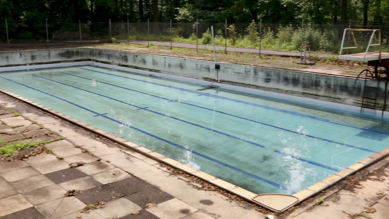 Gammel forladt udendørs swimmingpool med tilgroede omgivelser