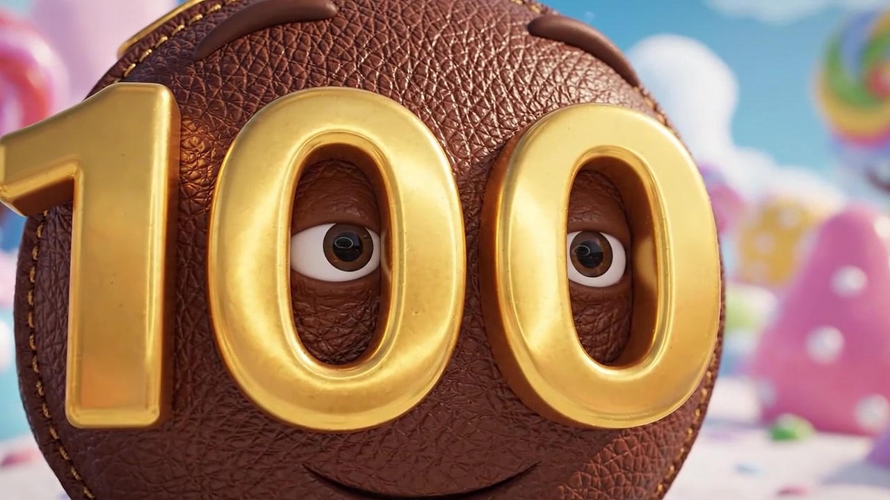 Scena animata vivace con un allegro oggetto marrone con un '100' dorato, circondato da caramelle colorate e un paesaggio giocoso in un'ambientazione stravagante.