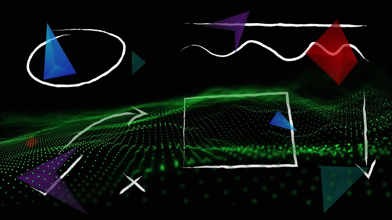 animación digital de formas abstractas coloridas contra ondas digitales verdes contra un fondo negro