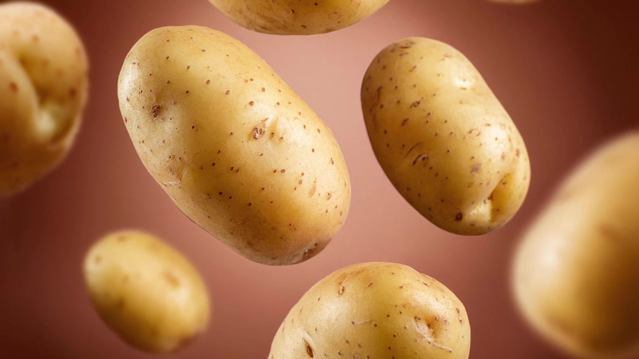 Patate intere crude in volo su sfondo marrone