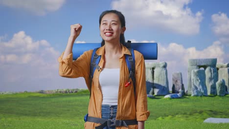 excited tourist at stonehenge