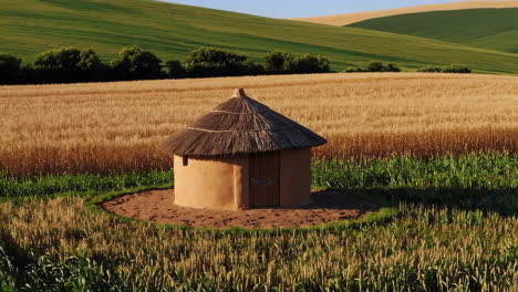 traditional african hut in a wheat and corn field