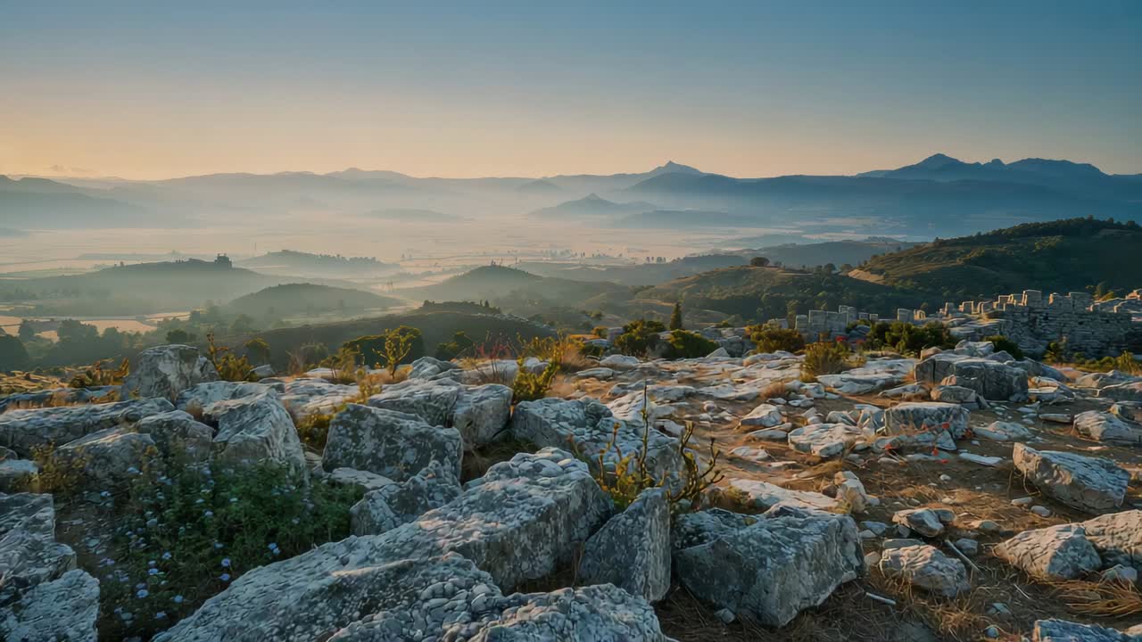 Camera che si sposta in avanti all'alba, panoramica a destra sull'altopiano calcareo, rivelando il villaggio