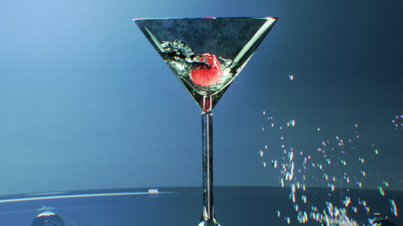 Cocktail martini di lusso che si rovescia in un classico bicchiere da martini su uno sfondo scuro da studio. Alcol trasparente con fragola, spruzzo di liquido