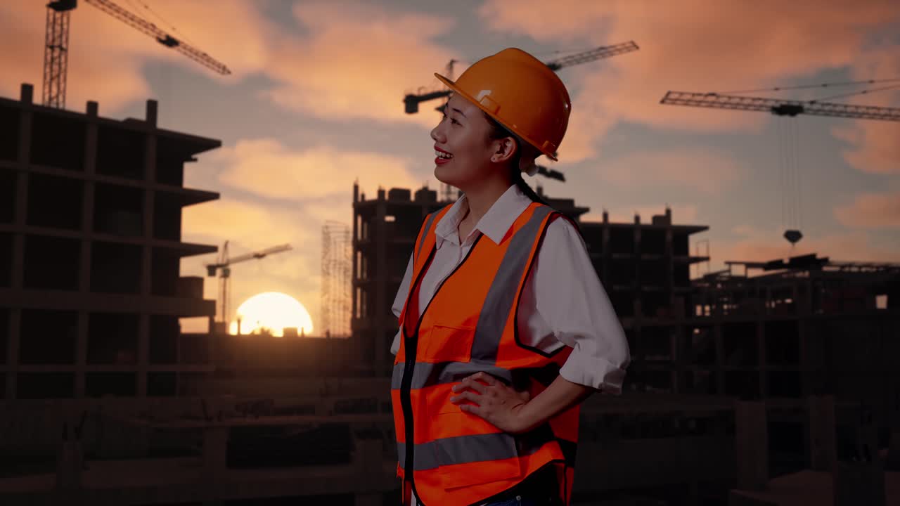 Side View Of Asian Female Engineer Wearing Safety Helmet Looking Around While Standing With Arms Akimbo At Construction Site in Progress to New House