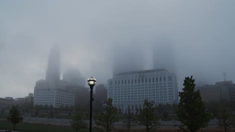 early morning commute during foggy morning in columbus ohio downtown