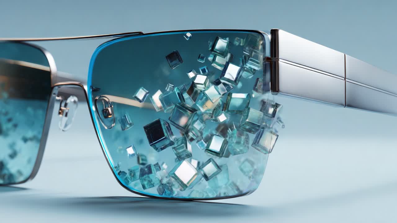 Captivating Close-Up of Stylish Sunglasses with Crystalline Particles Floating Across the Lens, Showcasing a Unique Blend of Fashion and Artistic Design in a Light Blue Background