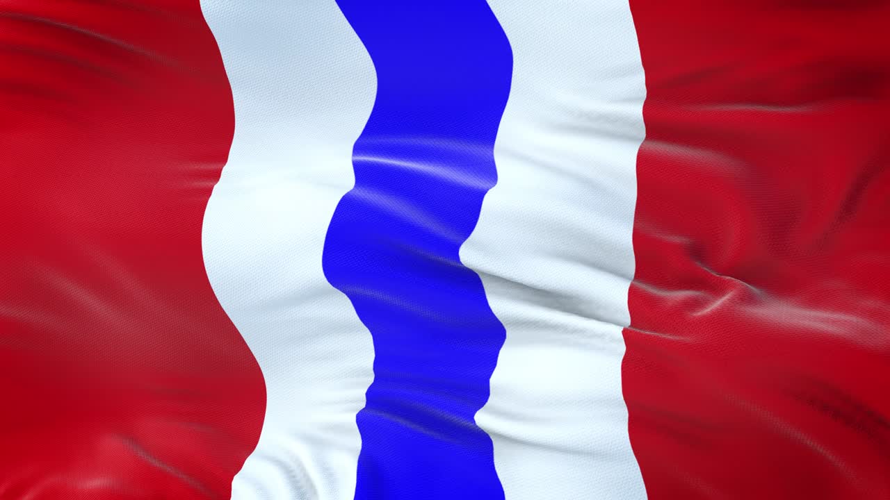 Omsk oblast (Federal subject of Russia) flag waving in the wind with highly detailed fabric texture. Seamless loop