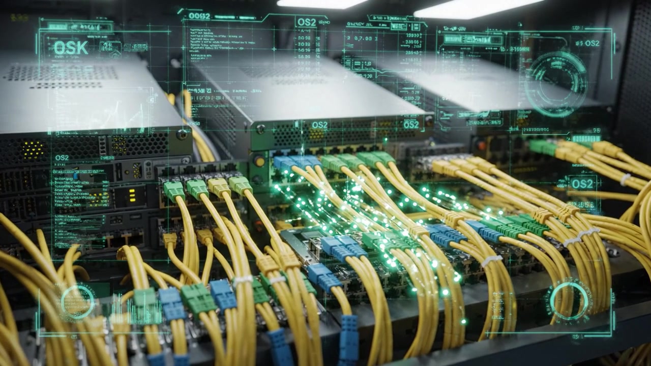 Detailed Look at Server Rack, Featuring Numerous Yellow Cables and High-Tech Equipment with Digital Enhancements for Data Management and Connectivity Solutions.