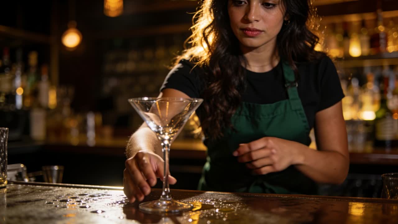 Video verticale: Barman che si protende, stabilizzando un bicchiere da martini su un bancone bagnato del bar mentre prepara una bevanda.