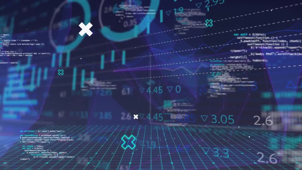 animación del procesamiento de datos y diagramas sobre fondo negro