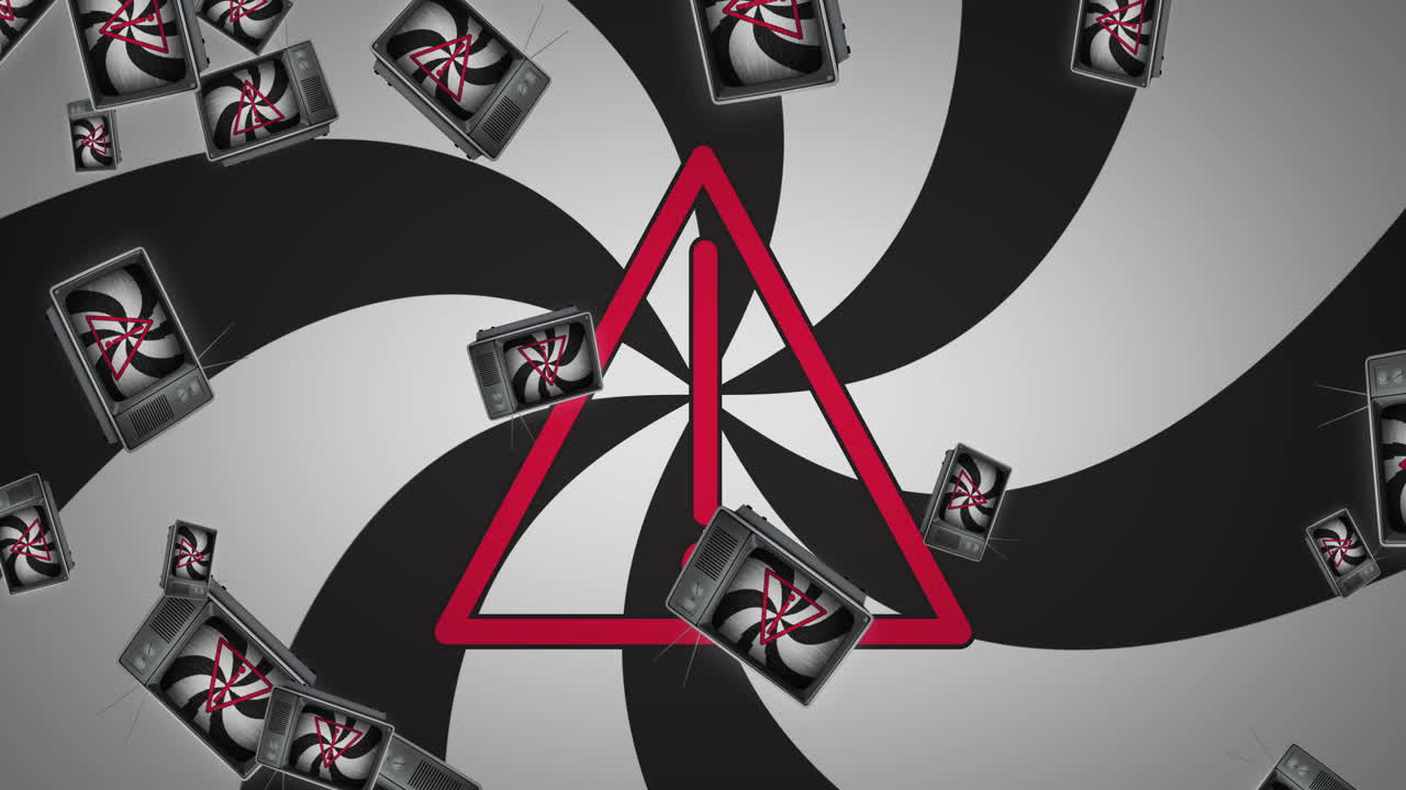 tv에서 스파이럴 위에 검은색과 색 선의 스파이랄의 애니메이션 떨어지고 경고 표시