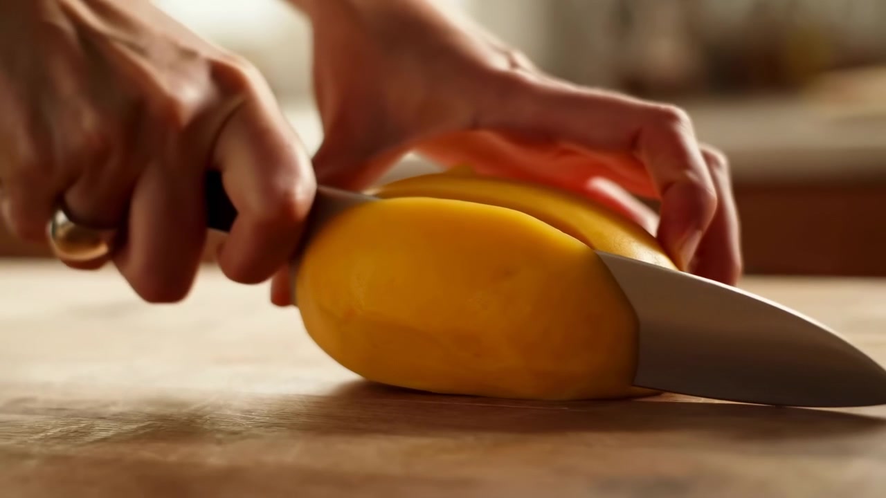 Primo piano dinamico di mani che usano un coltello da chef per affettare un mango giallo maturo su un tagliere di legno usurato, la lama crea un'incisione netta e le metà si separano per rivelare il seme e la polpa.