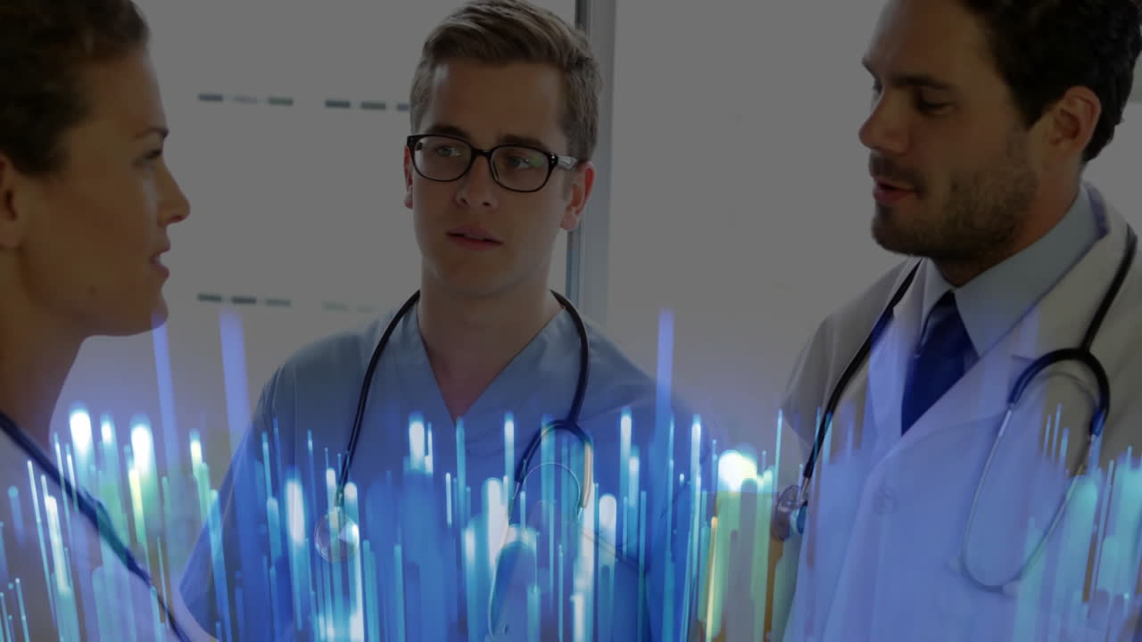 Woman doctor and male doctors analyzing medical data in clinic, displaying animated blue bar chart