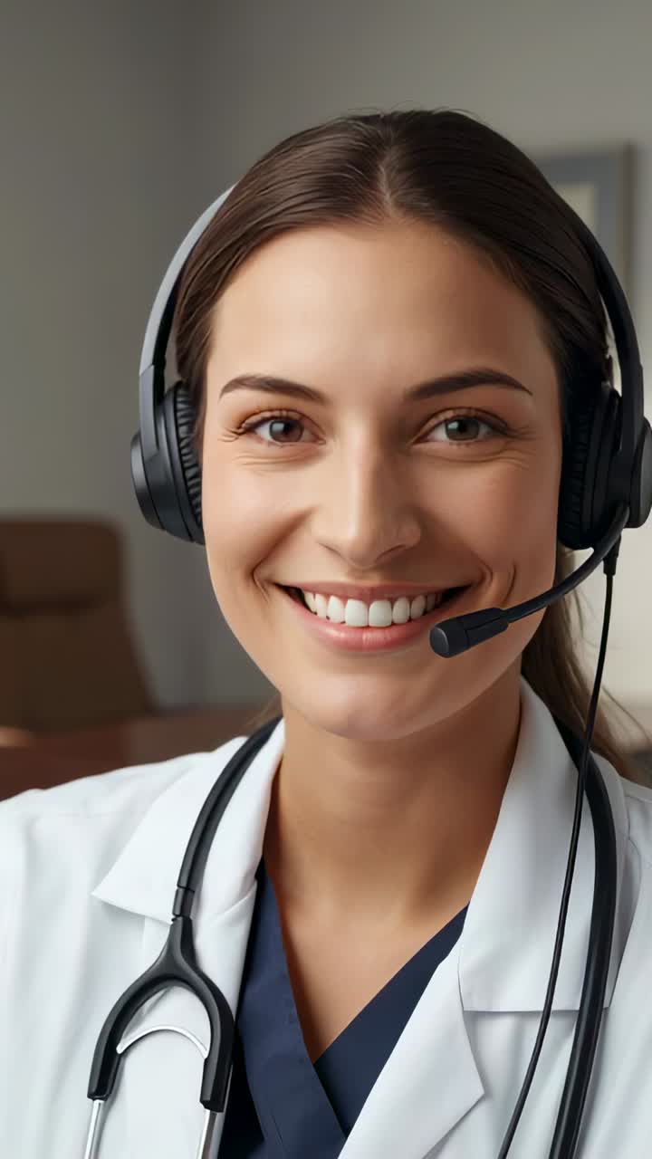 Vídeo vertical: llamada con un médico que llega hablando con auriculares y consultando a un paciente en una consulta con bata de laboratorio