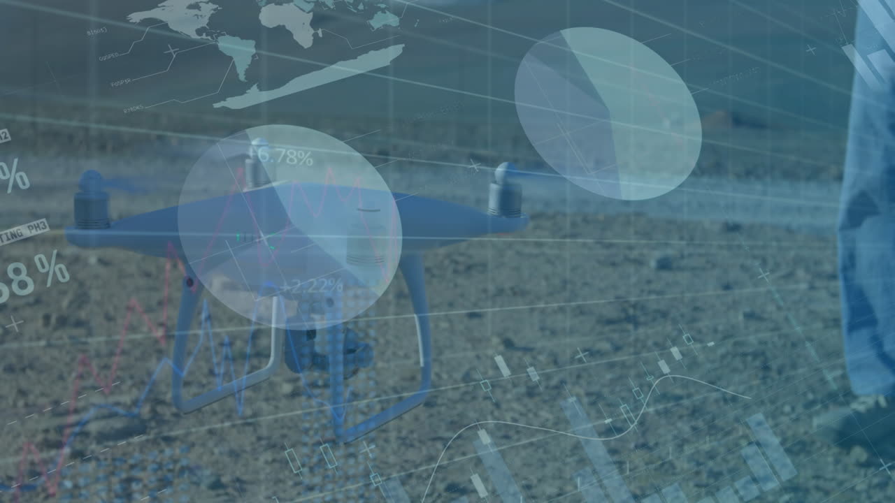 풍차 근처에서 드론을 운용하는 두 인종의 남성 엔지니어에 대한 데이터 처리 애니메이션