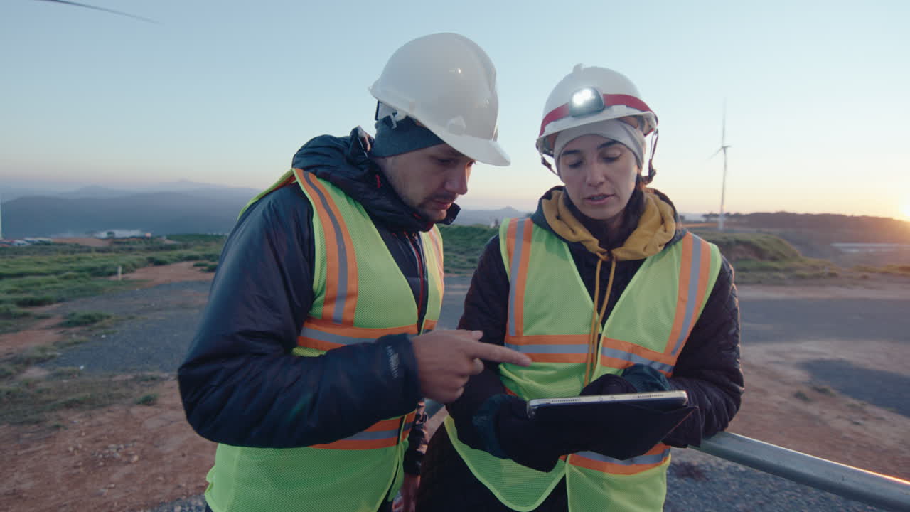 Wind Energy Engineers Using Tablet and Having Conversation