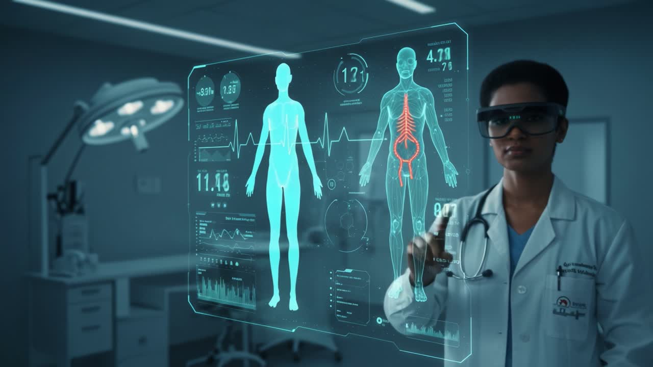 An Advanced Medical Technician Analyzing 3D Human Body Models and Vital ...