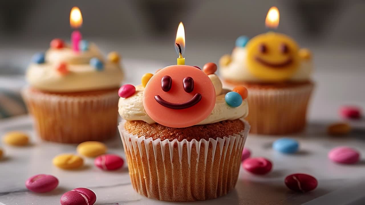 Festive cupcakes and candles. Colorful cupcakes topped with smiling faces and candles offer a festive treat for a joyful celebration at a party.