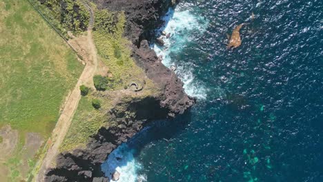 rocky coastline and turquoise sea near miraduro das pedras negras, são miguel, aerial view