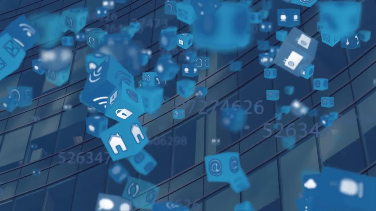 도시 풍경 위에 떠다니는 디지털 아이콘의 애니메이션