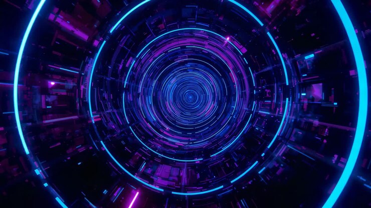 Playback starting expanding neon rings in tunnel while cyan bars pulsating magenta panels rotating