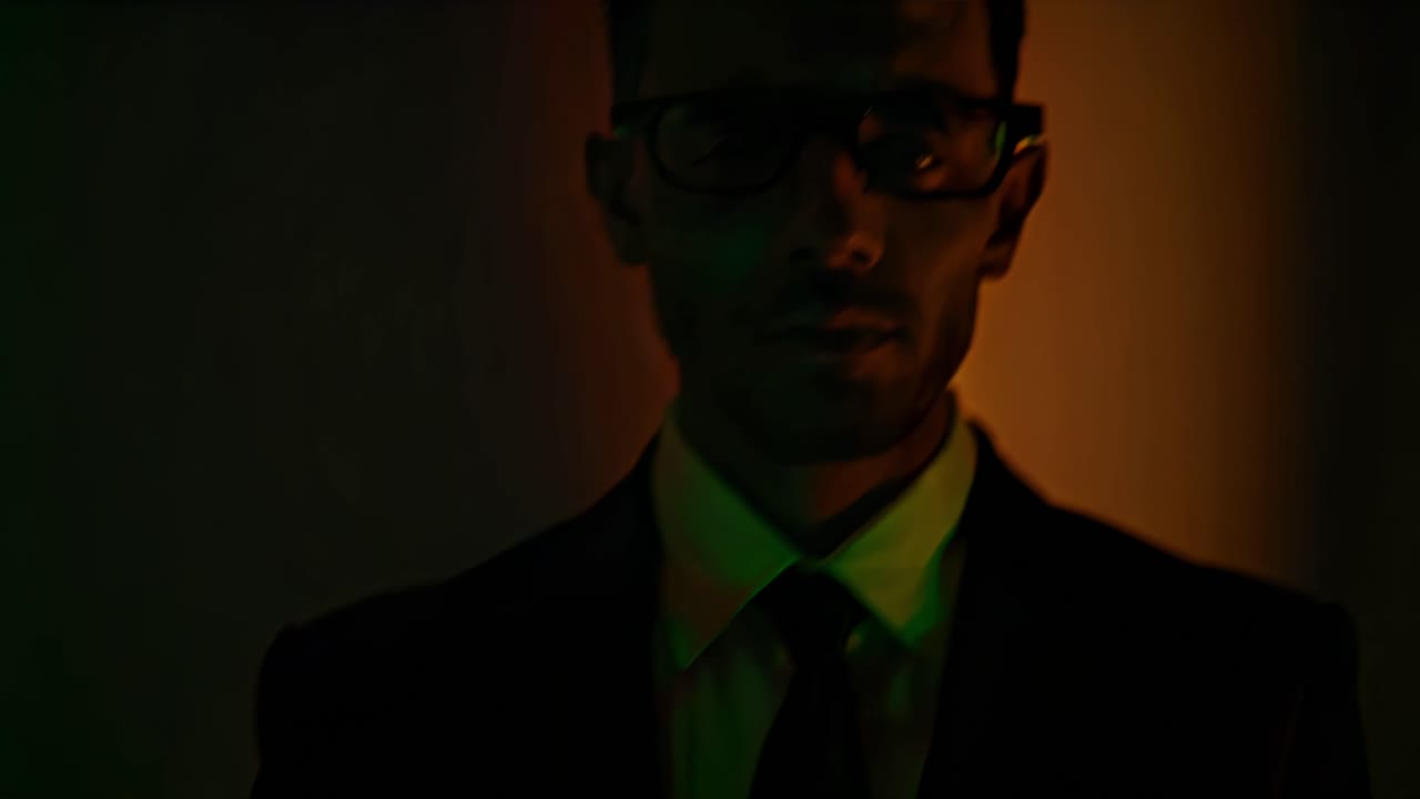 un sofisticado hombre de negocios que muestra una personalidad futurista a través de gafas de neón, con luces dinámicas y transiciones de colores en un oscuro y misterioso escenario de estudio.