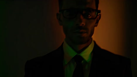 sophisticated businessman showcasing futuristic persona through neon glasses, featuring dynamic light and color transitions in dark, mysterious studio setting