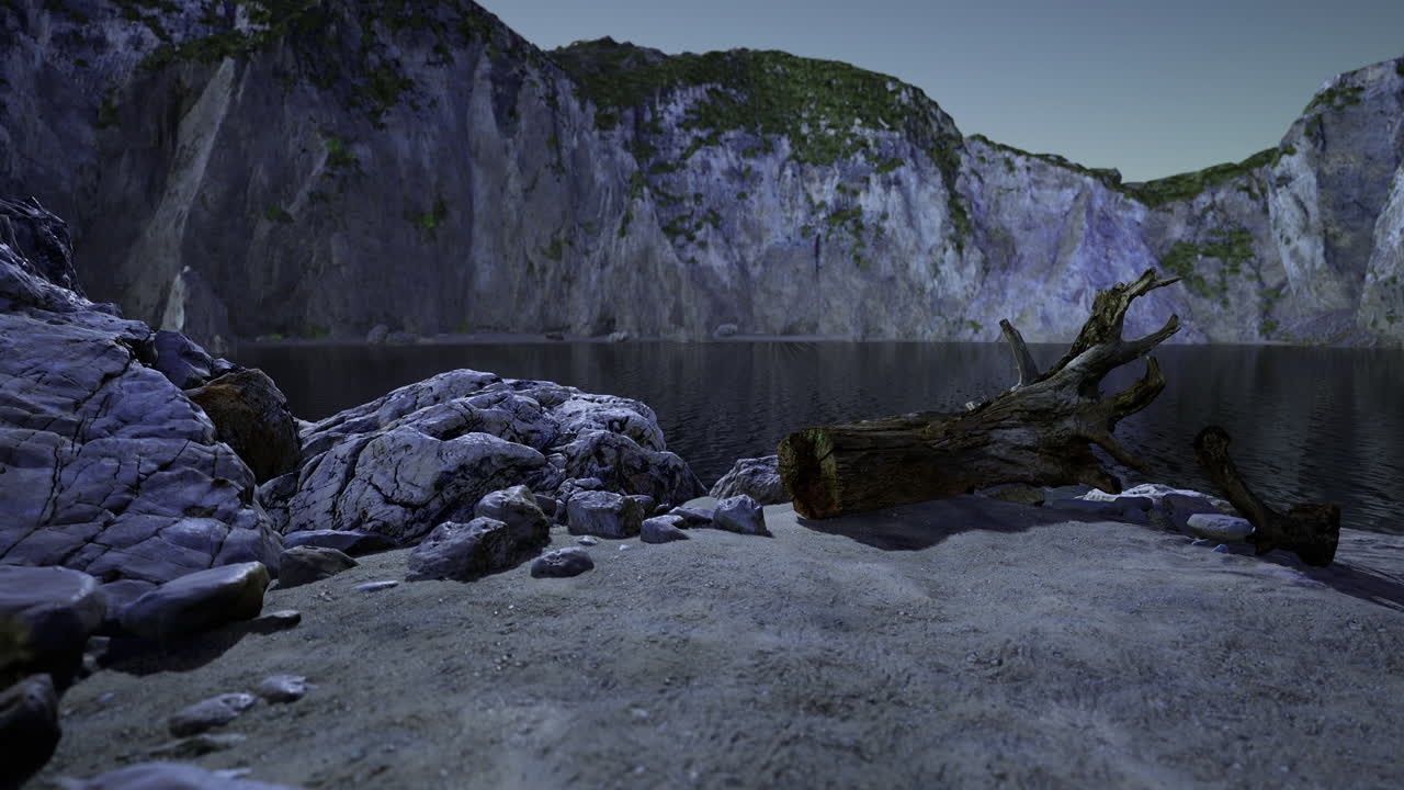 Serene twilight at a rocky lakeside with cliffs under a starlit sky