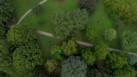 Aerial-drone-shot-hovering-over-Goodale-Park-in-Columbus,-Ohio-pulling-out-to-reveal-the-lush-green-trees-of-the-park-and-then-panning-across-the-park-to-see-the-trees-and-walking-trails-below