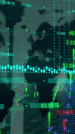 animación del procesamiento de datos financieros sobre el mapa del mundo y los edificios de oficinas modernos