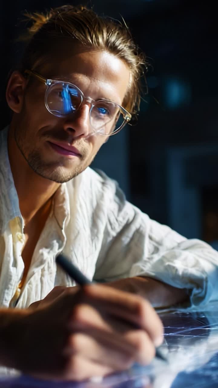 En fokuseret kunstner fordybet i kreativ tegning under blød belysning, der viser omhyggelig sans for detaljer og en moderne æstetik, fanget i to billeder, der fremhæver den kunstneriske proces