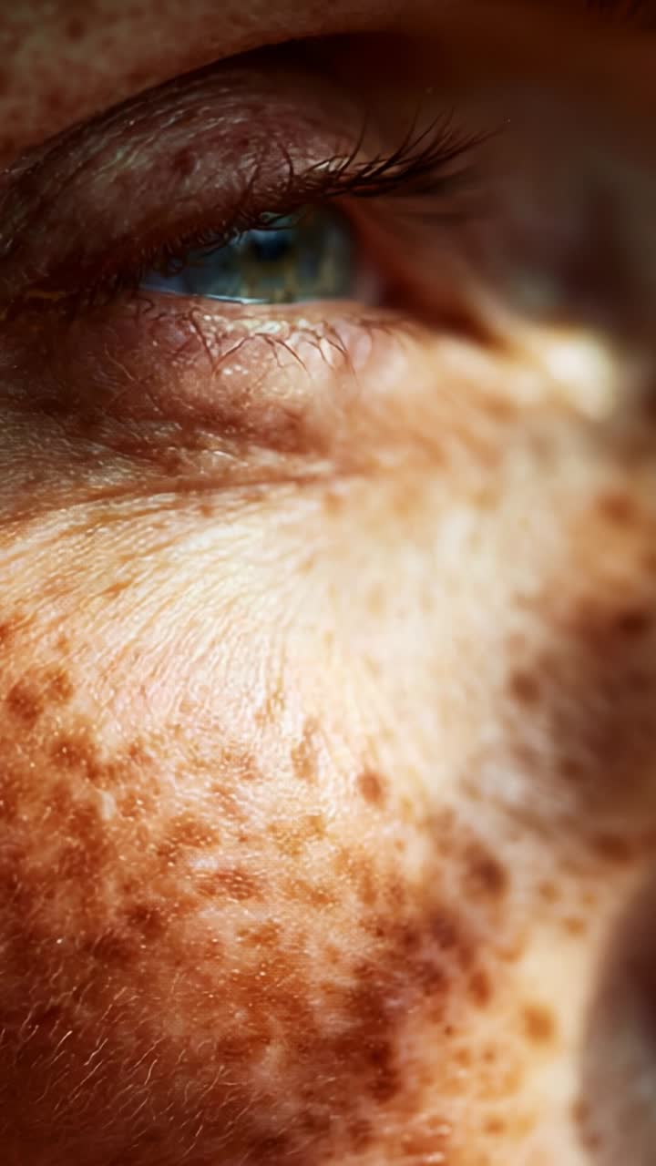Close-Up Examination of Beautiful Freckled Skin with Soft Lighting Emphasizing Natural Texture and Features in Two Frames from an Artistic Video