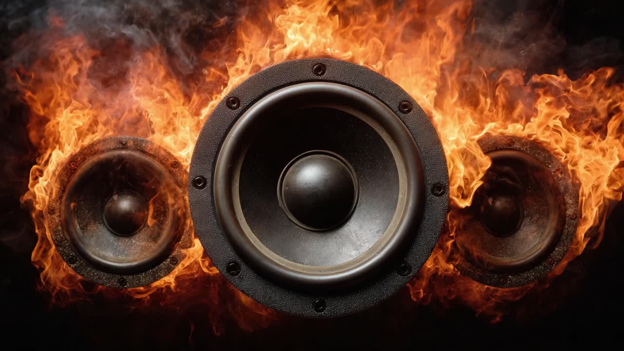 A Stunning Visual of Fire and Sound with Three Powerful Speakers Amidst Flames, Capturing the Intensity and Energy of Music in an Awe-Inspiring Display